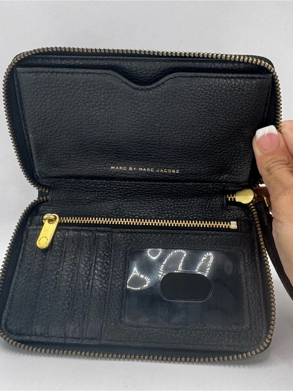 Marc by Marc Jacobs Black Leather Zip-Around Wallet with Gold Plaque